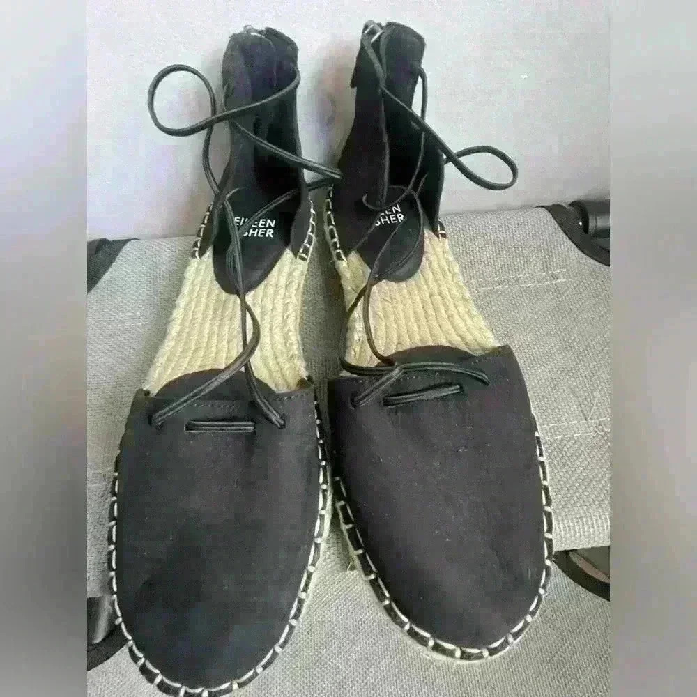 New! Eileen Fisher 5.5 Leather Lace Up D'Orsay Lee Espadrille Black Flat Sandals - Picture 5 of 10
